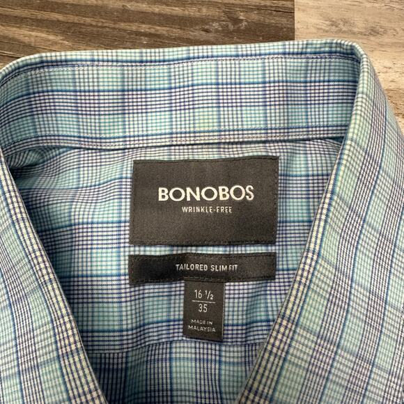 Bonobos Blue Mens 16.5 35 Tailored Slim Fit Wrinkle Free Button Up Dress Shirt - Picture 4 of 10